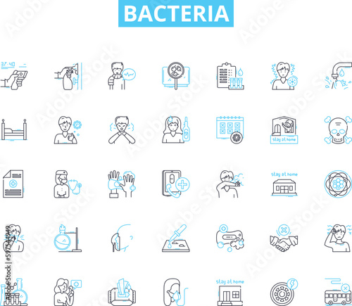 Bacteria linear icons set. Microbes, Pathogens, Germs, Prokaryotes, Virulence, Antibiotics, Plasmids line vector and concept signs. Pathogenesis,Endospores,Pili outline illustrations Generative AI