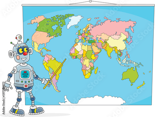 Funny robot teacher pointing to counties on a World map and describing about them in a political geography lesson at school, vector cartoon illustration isolated on a white background