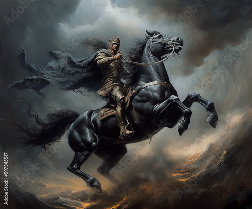 Medieval Warrior Riding a Horse in the Fog. AI generated Illustration.