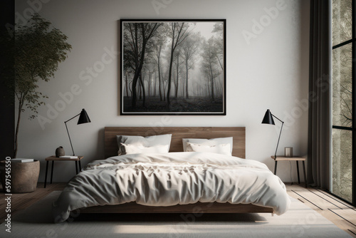 Minimalist Bedroom with Landscape Poster Mockup