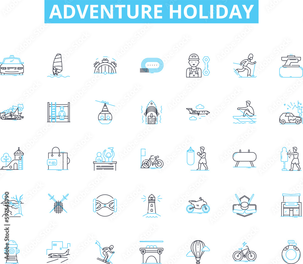 Adventure holiday linear icons set. Thrill, Explore, Adrenaline, Risk, Expedition, Safari, Trek line vector and concept signs. Journey,Travel,Challenge outline illustrations Generative AI Adventure holiday linear icons set. Thrill, Explore, Adrenaline, Risk, Expedition, Safari, Trek line vector and concept signs. Journey,Travel,Challenge outline illustrations Generative AI