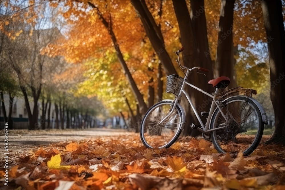 A bicycle is under the trees during autumn season, beautiful landscape image with Bicycle under the tree