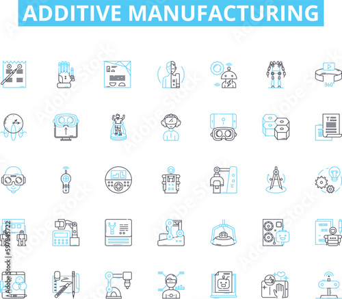 Additive manufacturing linear icons set. D printing, Layering, Polymerization, Filament, Resin, Laser, Retraction line vector and concept signs. Extrusion,Sintering,Rapid prototyping Generative AI