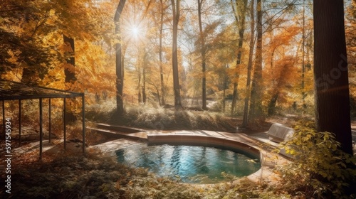 A hot spring spa pool nestled among trees during autumn, Hot Springs Natural Bath Surrounded by red-yellow leaves