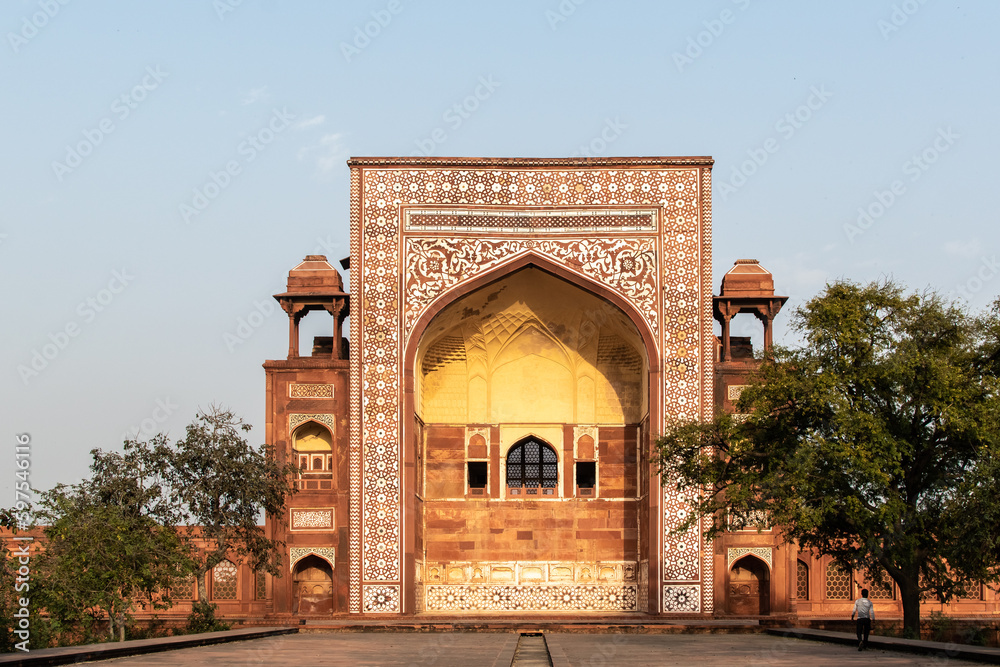 Beautiful sandstone arch at the Akbar's tomb complex in the village of Sikandra.