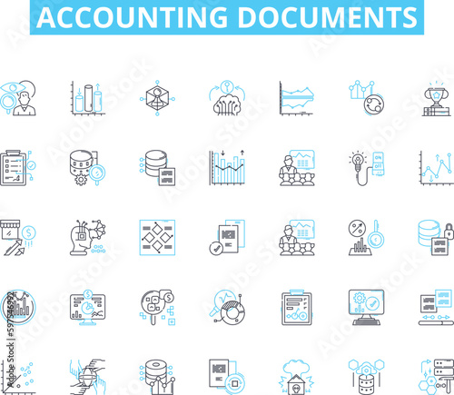 Accounting documents linear icons set. Ledger, Journal, Balance sheet, Income statement, Cash flow statement, Tax return, Invoice line vector and concept signs. Receipt,Payroll,Purchase Generative AI