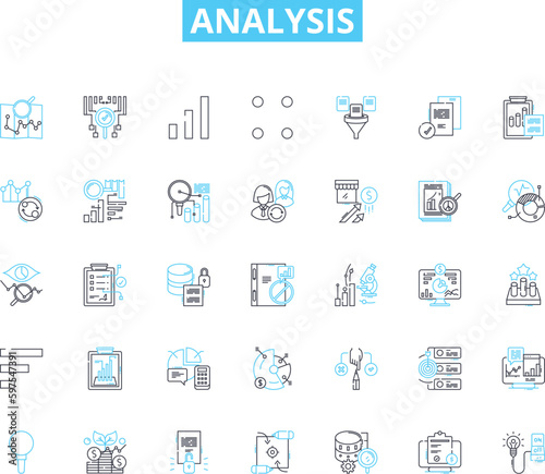 Analysis linear icons set. Examination, Evaluation, Assessment, Inspection, Scrutiny, Interpretation, Breakdown line vector and concept signs. Study,Investigation,Diagnosis outline Generative AI