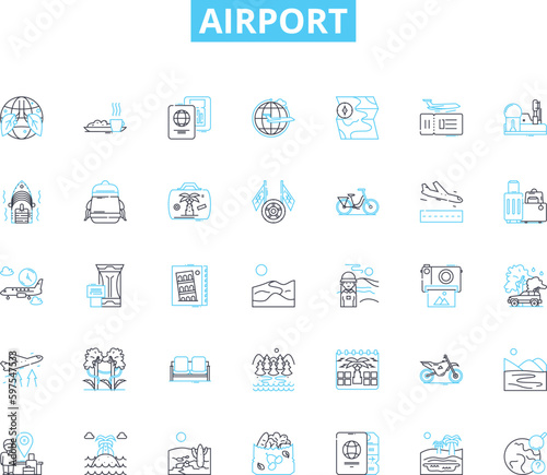 Airport linear icons set. Departure, Arrival, Security, Baggage, Terminal, Runway, Boarding line vector and concept signs. Gate,Customs,Immigration outline illustrations Generative AI