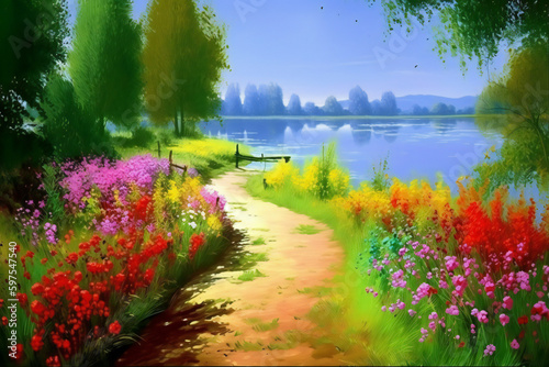 Summer's Path: A Colorful Watercolor Painting of Flowers, Trees, and Water along a Sandy Path
