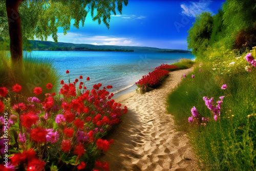 Summer's Path: A Colorful Watercolor Painting of Flowers, Trees, and Water along a Sandy Path
