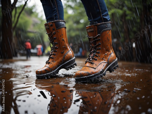 A pair of rain boots splashing through puddles on a rainy spring day