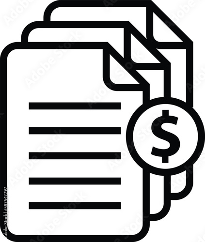 Invoice icon. Bill paid symbol. Tax form outline icon. Paper document with money sign