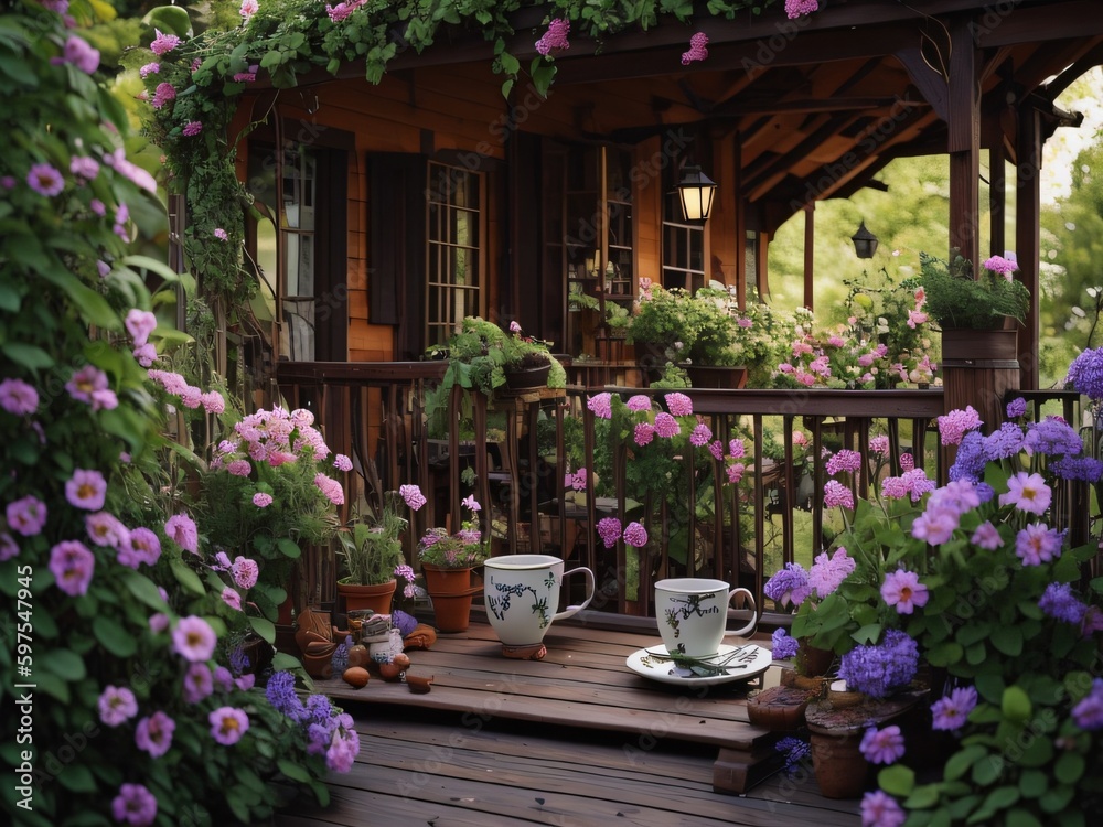 a cup of tea or coffee on a porch surrounded by blooming flowers.