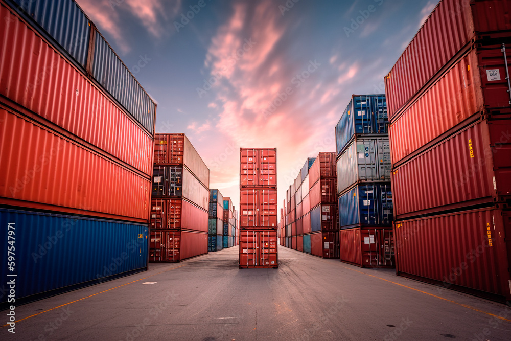 Fototapeta premium Container cargo shipping in container yard, Freight transportation, International global shipping. Generative ai edited