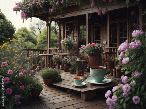 a cup of tea or coffee on a porch surrounded by blooming flowers.