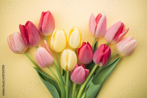 Fototapeta Naklejka Na Ścianę i Meble -  Mother's Day Tulip Heart, Love, Blooms, Pastel Backdrop, Springtime Celebration