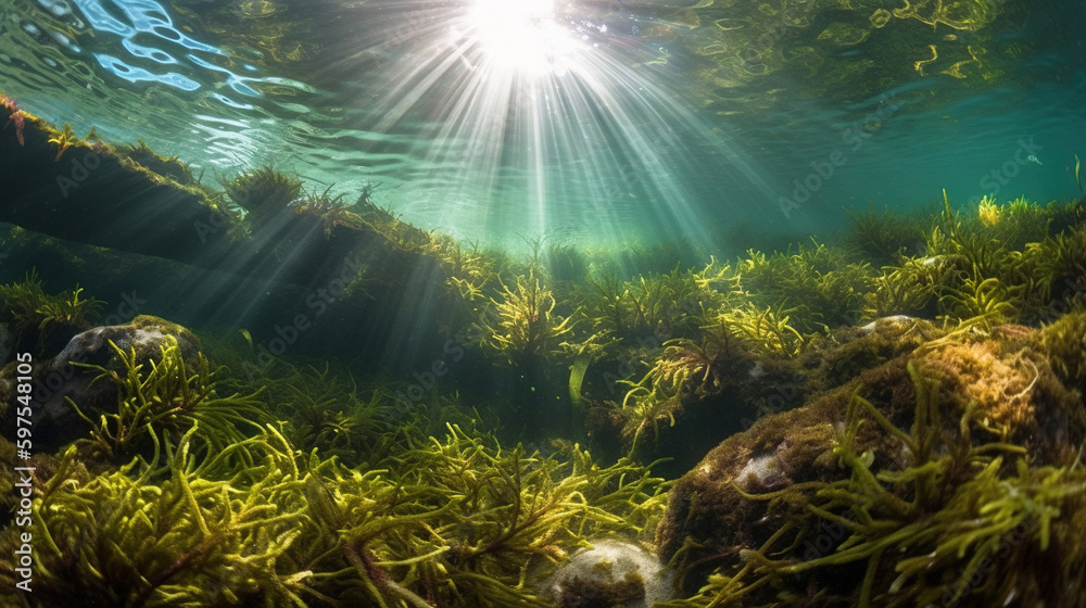 underwater scene with reef and sun shine.Generative Ai