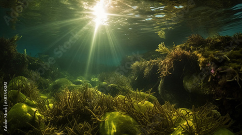underwater scene with reef and sun shine.Generative Ai © Shades3d