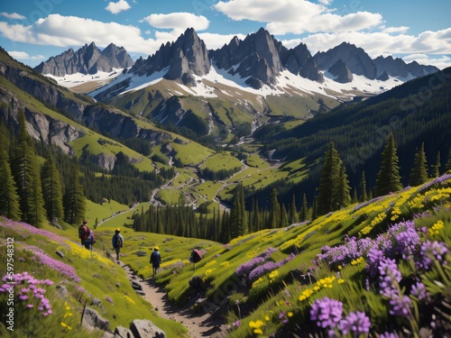 A springtime hike with scenic views of mountains, hills or valleys dotted with wildflowers.
