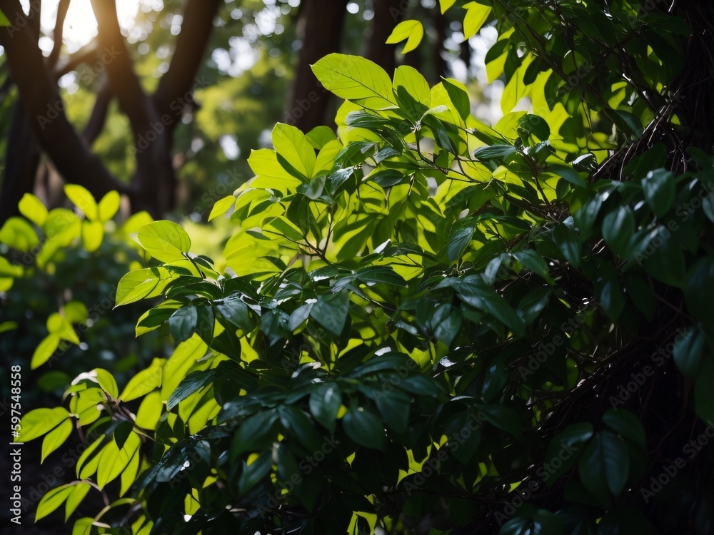 Obraz premium A close-up of a tree's fresh green leaves with sunlight filtering through them. 