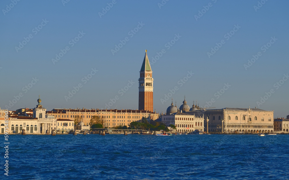 View on St Mark's Campanile from canal in Venice, Italy