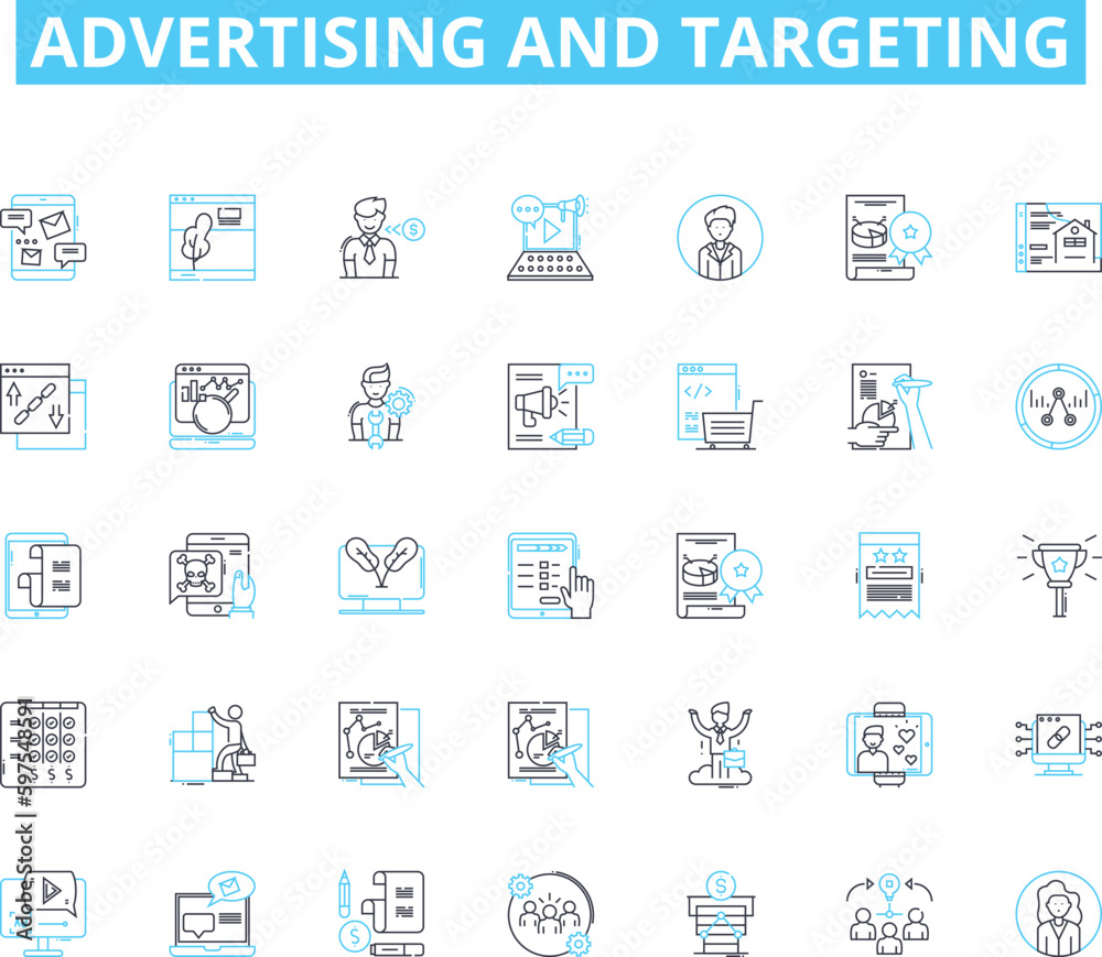 Advertising and targeting linear icons set. Segmentation, Demographics, Persona, Psychographics, Market, Target, Branding line vector and concept signs. Positioning,Messaging,Audience Generative AI