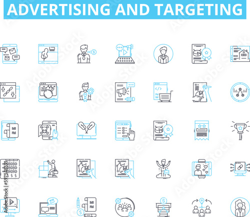 Advertising and targeting linear icons set. Segmentation, Demographics, Persona, Psychographics, Market, Target, Branding line vector and concept signs. Positioning,Messaging,Audience Generative AI