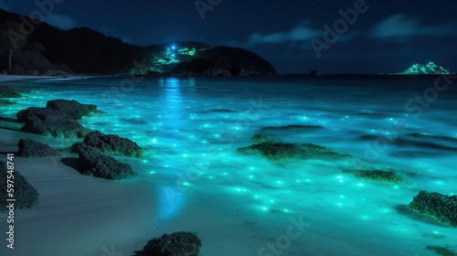 view of a island glowing water in the night.Generative Ai © Shades3d