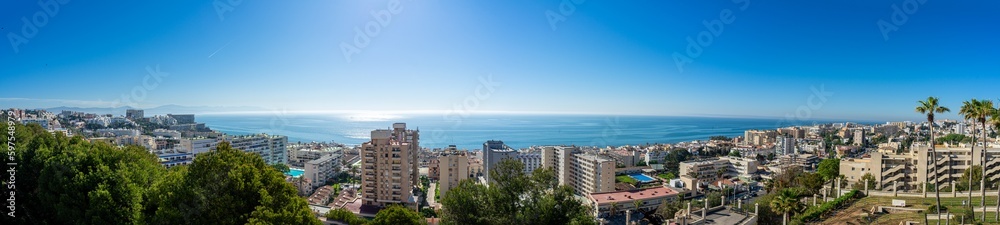 Panoramic view of Mediterranean sea from Parque de la Bateria in Torremolinos, Spain on April 26, 2023
