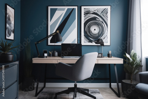 Sleek and Modern Home Office with Bold Geometric Poster