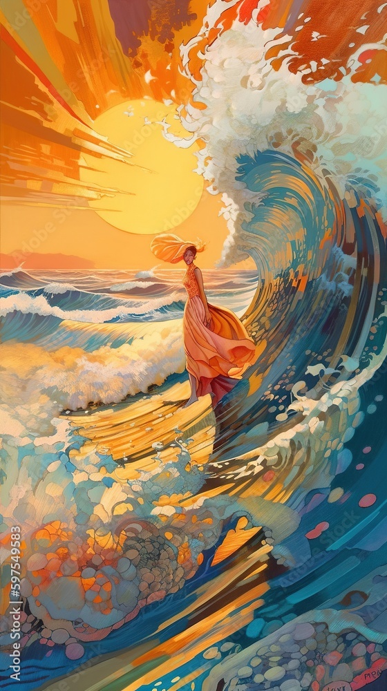 Ocean waves and sun. AI generated art illustration.
