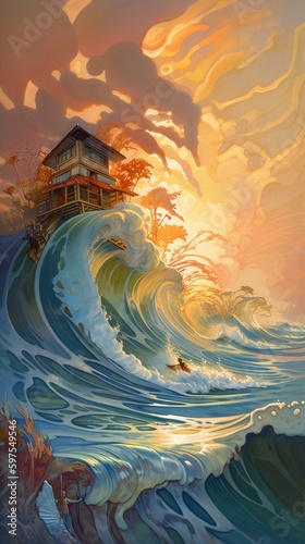 Ocean waves and sun. AI generated art illustration. 
