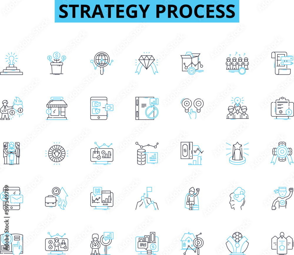 Strategy process linear icons set. Planning, Analysis, Execution, Alignment, Assessment, Tactics, Vision line vector and concept signs. Objectives,Innovation,Integration outline illustrations
