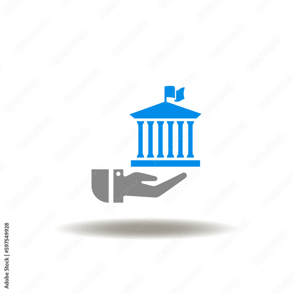 Vector illustration of hand hold building of bank or courthouse or college. Icon of FED Federal Reserve Building.
