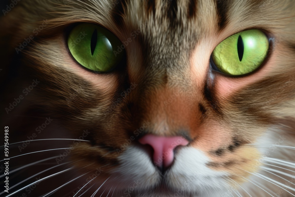 a brown and white cat with bright green eyes Gnerative AI