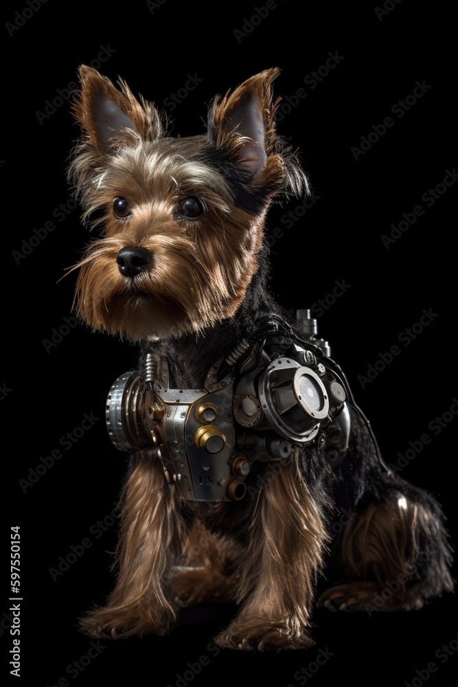 Yorkshire terrier sitting on the floor. AI generated art illustration.
