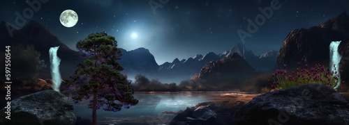  Beautiful nature landscape,mountains in lagoon with waterfall and trees rock and wild flowers at night bright moon and starry sky ,Aurora Borealis flares,reflection on sea water ,generated ai