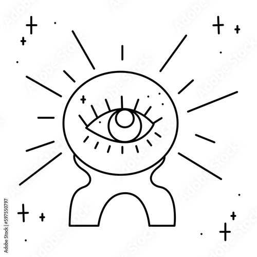 Magic ball with an all-seeing eye and stars. Doodle vector illustration, clipart.