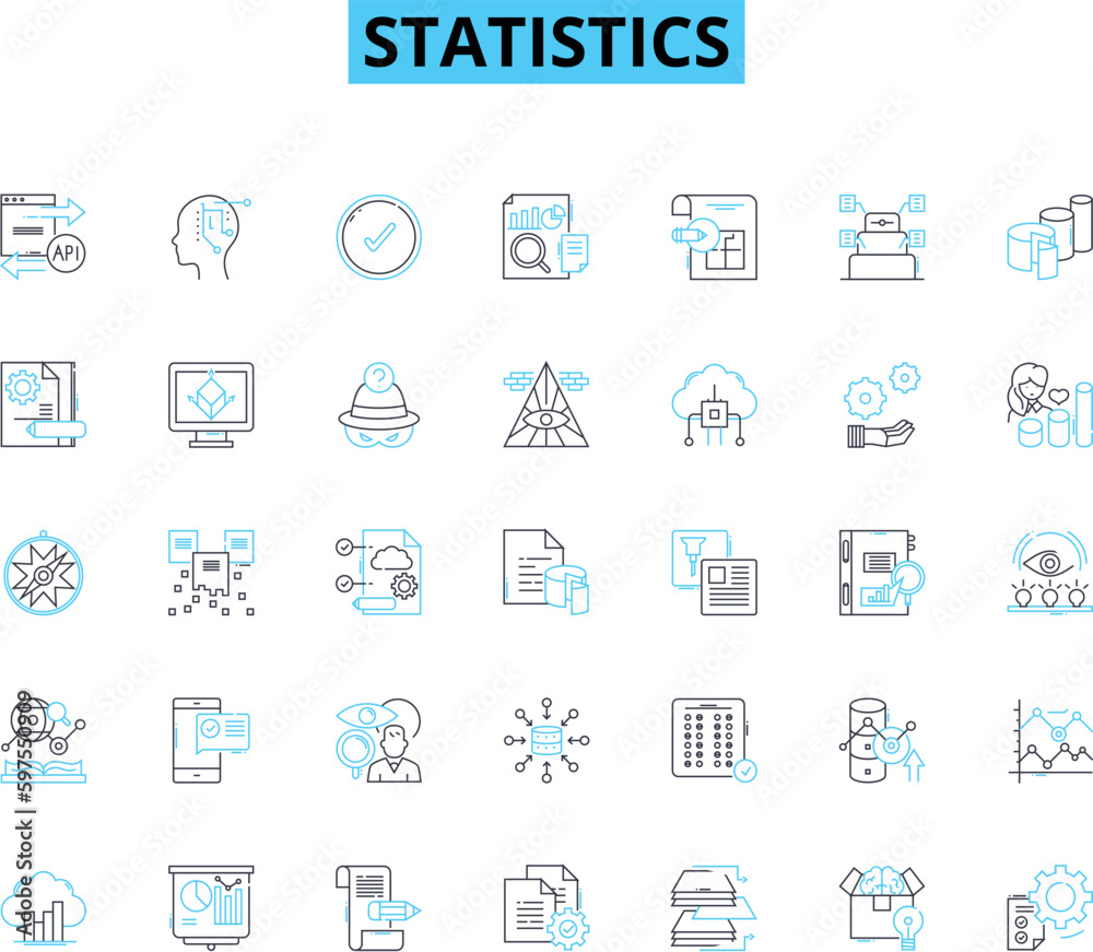 Statistics linear icons set. Probability, Sampling, Data, Correlation, Variance, Regression, Hypothesis line vector and concept signs. Analysis,Distribution,Descriptive outline Generative AI Statistics linear icons set. Probability, Sampling, Data, Correlation, Variance, Regression, Hypothesis line vector and concept signs. Analysis,Distribution,Descriptive outline Generative AI