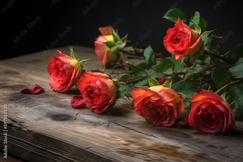 Red roses on an old rustic wooden table, concept for Valentine's Day, Mother's Day, Women's Day, love, romance. Generative AI concept.