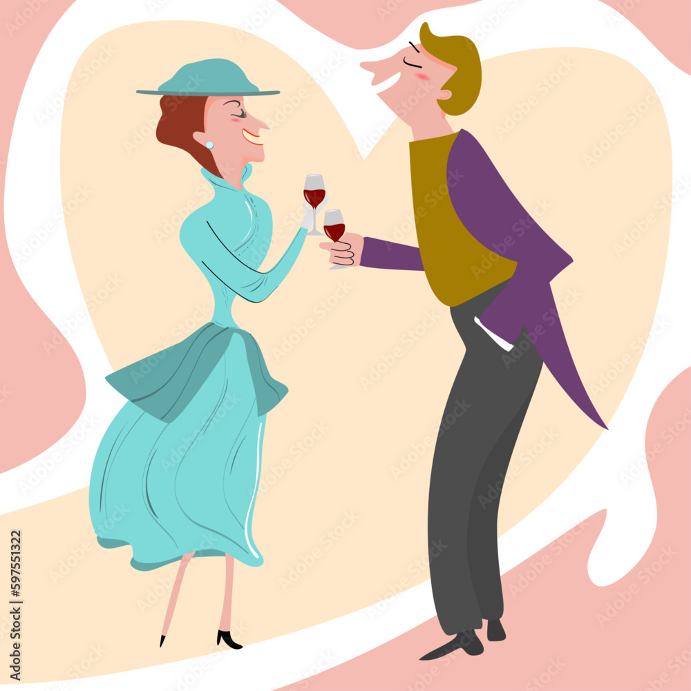 couple of lovers dancing while drinking glass of wine, Mid Century Modern retro vintage theme couple of lovers dancing while drinking glass of wine, Mid Century Modern retro vintage theme
