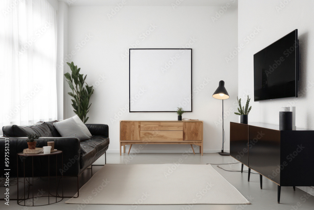 Fototapeta premium Sleek Minimalist Living Room with Poster Mockup
