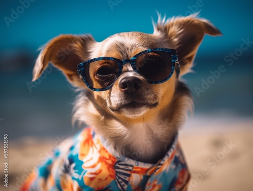 A small dog wearing a Hawaiian shirt and sunglasses © Suplim