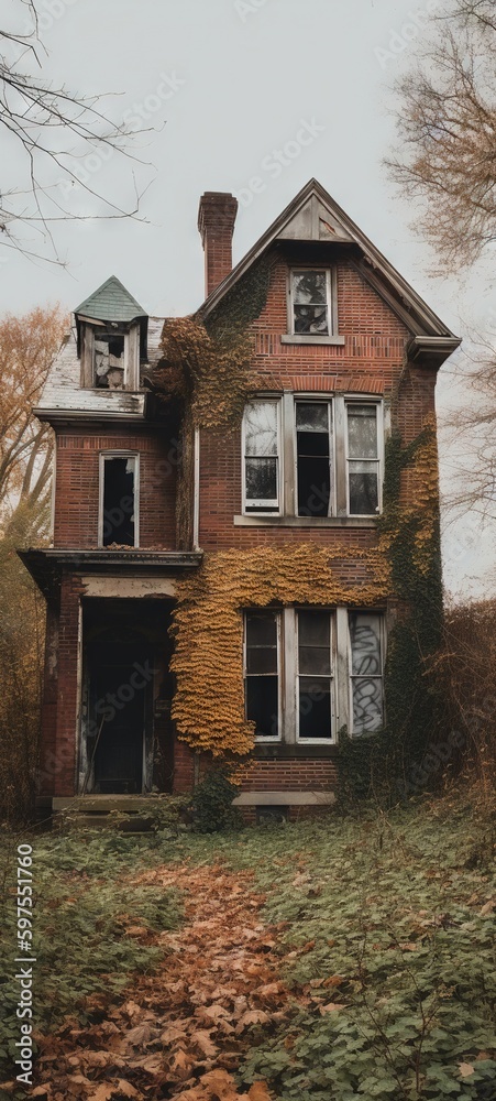 Abandoned house in the woods. AI generated art illustration. Abandoned house in the woods. AI generated art illustration.