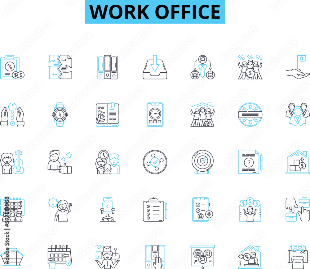 Work office linear icons set. Productivity, Organization, Collaboration, Efficiency, Innovation, Meetings, Deadline line vector and concept signs. Generative AI