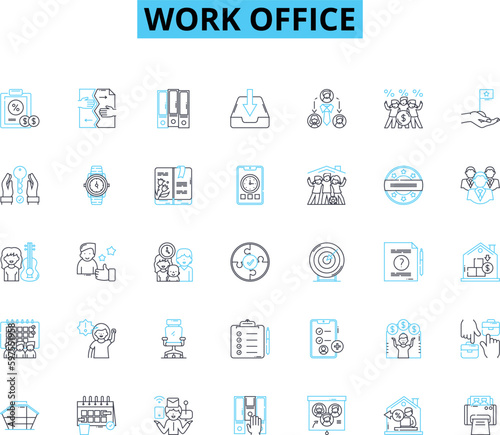 Work office linear icons set. Productivity, Organization, Collaboration, Efficiency, Innovation, Meetings, Deadline line vector and concept signs. Generative AI