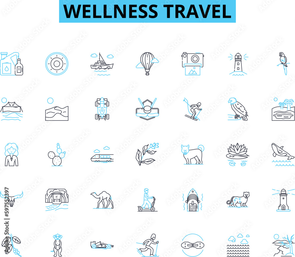 Wellness travel linear icons set. Relaxation, Rejuvenation, Serenity, Balance, Mindfulness, Healing, Nourishment line vector and concept signs. Fitness,Renewal,Detox outline Generative AI