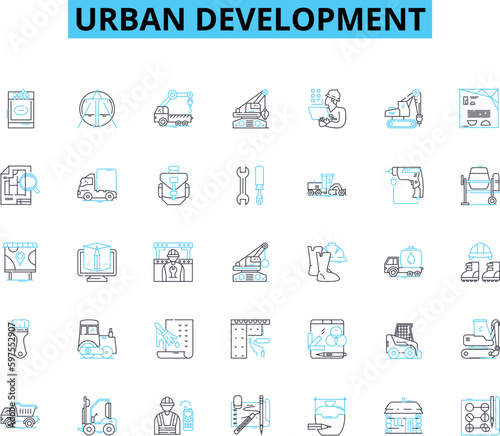 Urban development linear icons set. Gentrification, Redevelopment, Density, Infrastructure, Zoning, Sprawl, Revitalization line vector and concept signs. Generative AI