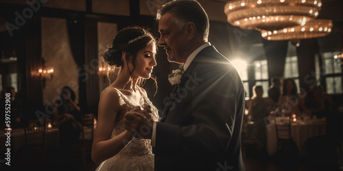 dad dancing with his daughter at her wedding. Generative AI 