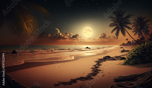  a sandy beach with palm trees and the sun is setting hd wallpaper